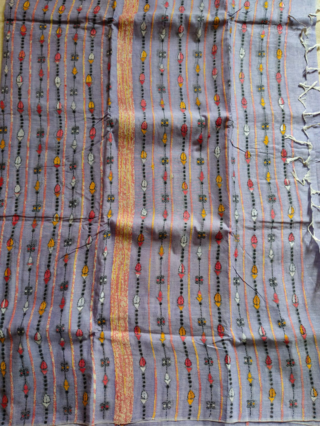 Pure Cotton Khesh Kantha Saree – Smoky Lavender Grey with Hand Kantha Embroidery