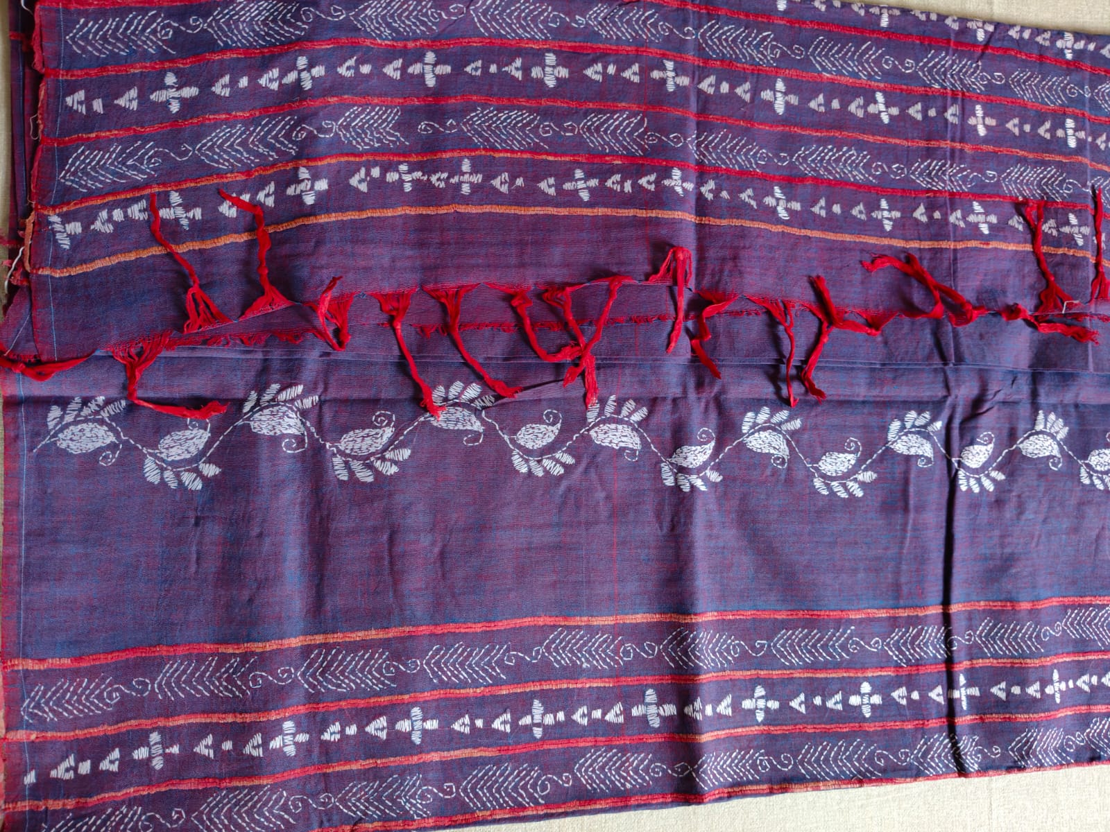 Pure Cotton Khesh Kantha Saree – Deep Indigo Blue with Hand Kantha Embroidery
