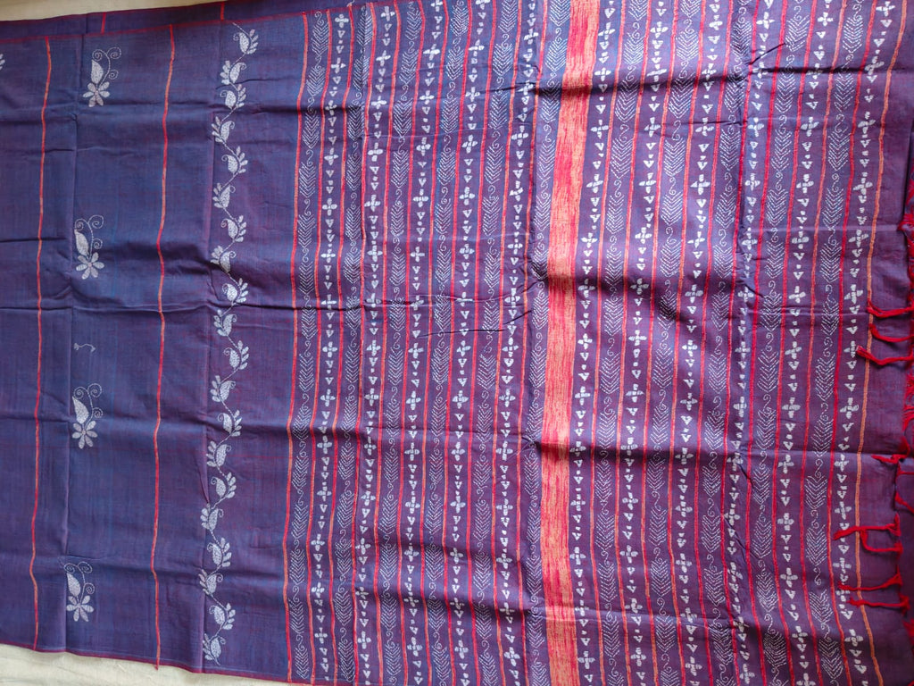 Pure Cotton Khesh Kantha Saree – Deep Indigo Blue with Hand Kantha Embroidery