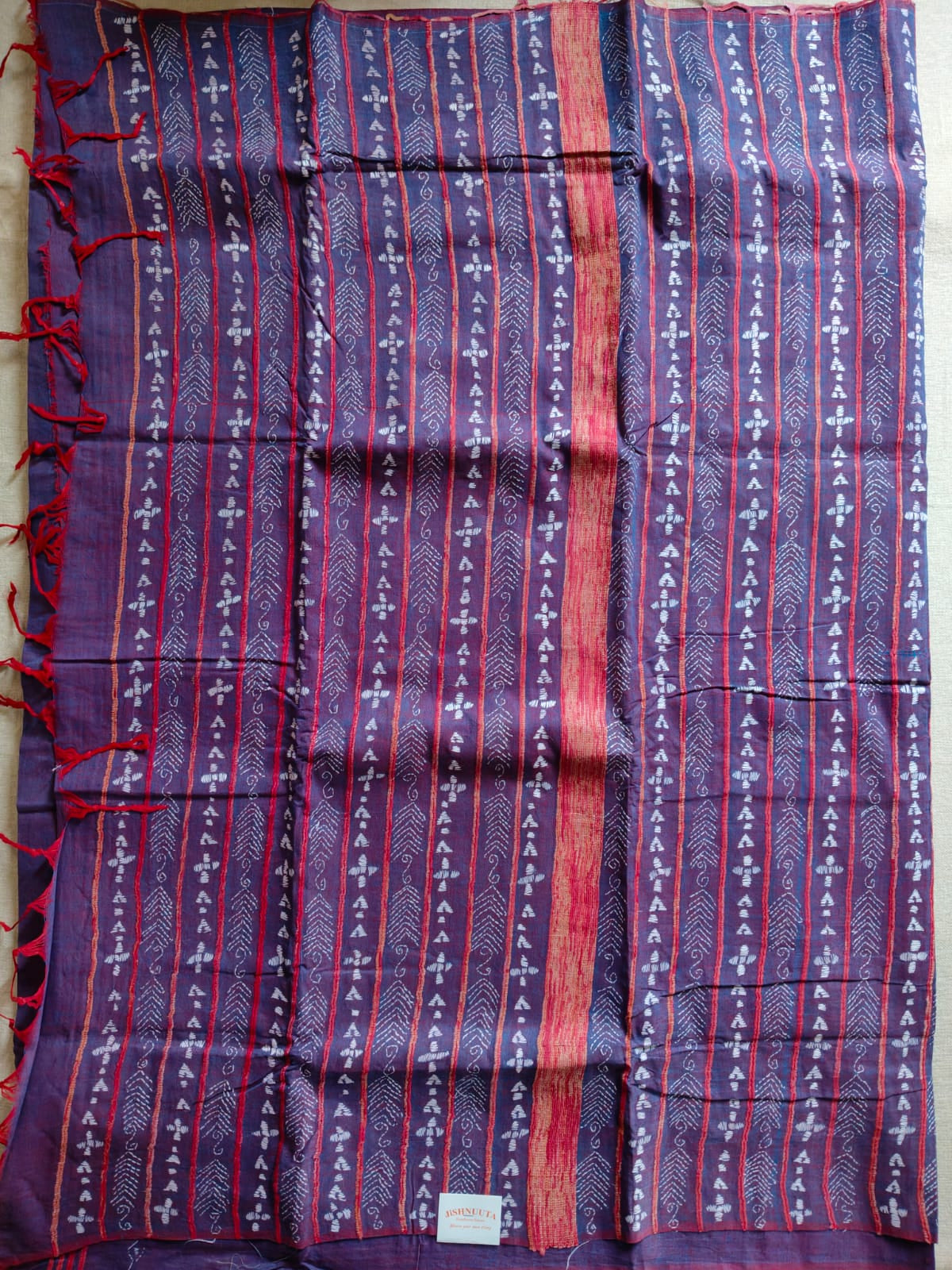 Pure Cotton Khesh Kantha Saree – Deep Indigo Blue with Hand Kantha Embroidery