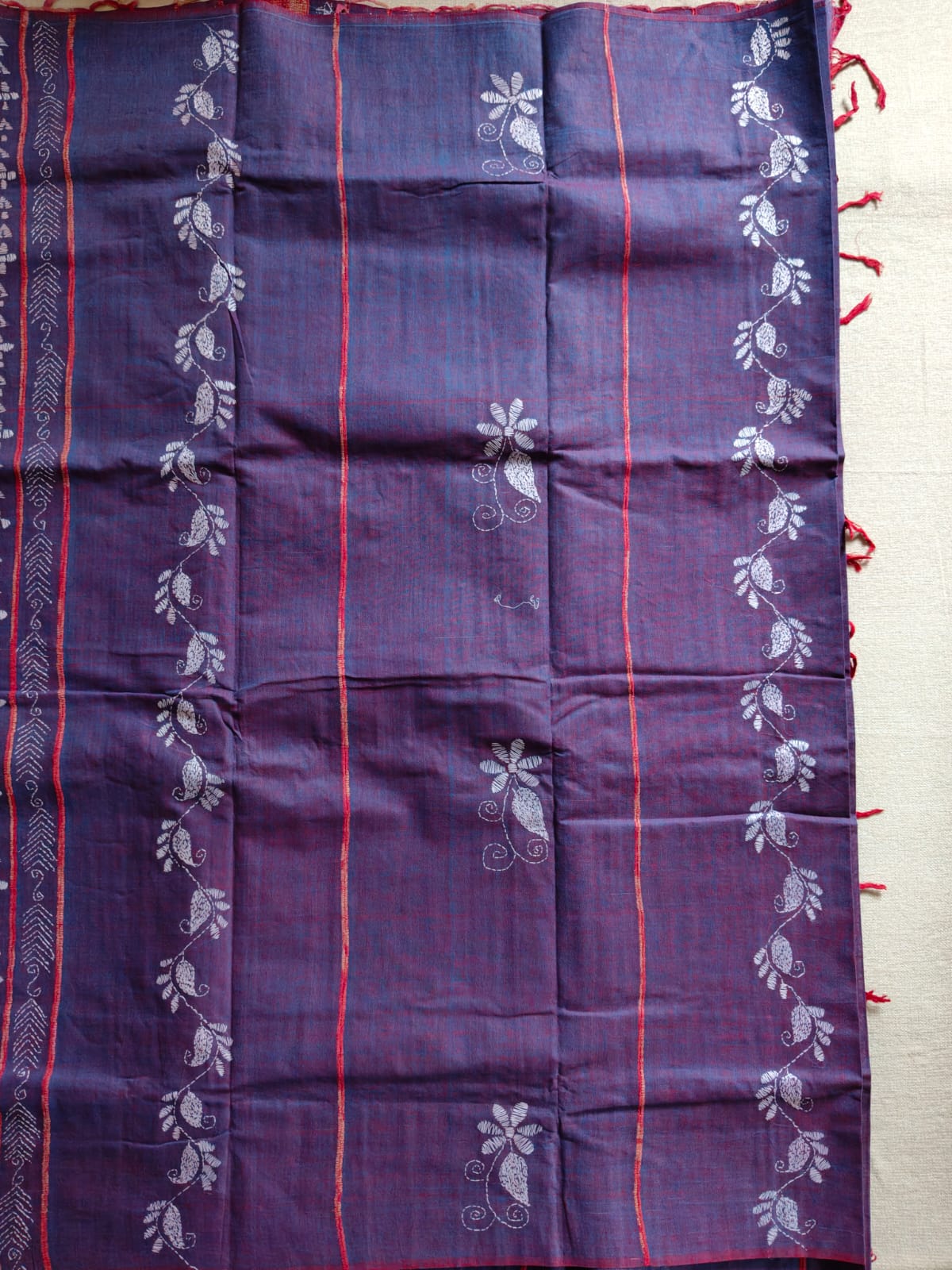 Pure Cotton Khesh Kantha Saree – Deep Indigo Blue with Hand Kantha Embroidery