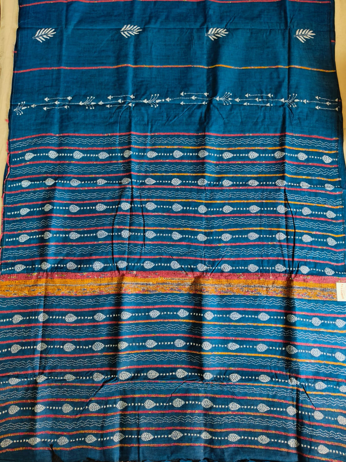 Pure Cotton Khesh Kantha Saree – Teal Blue with Hand Kantha Embroidery