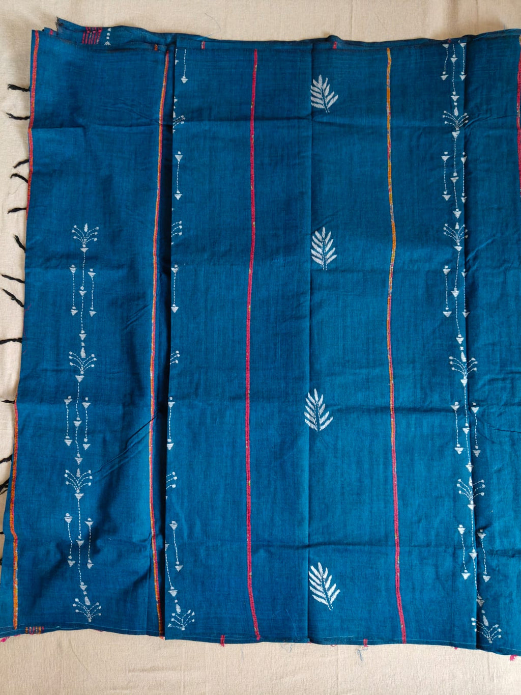 Pure Cotton Khesh Kantha Saree – Teal Blue with Hand Kantha Embroidery