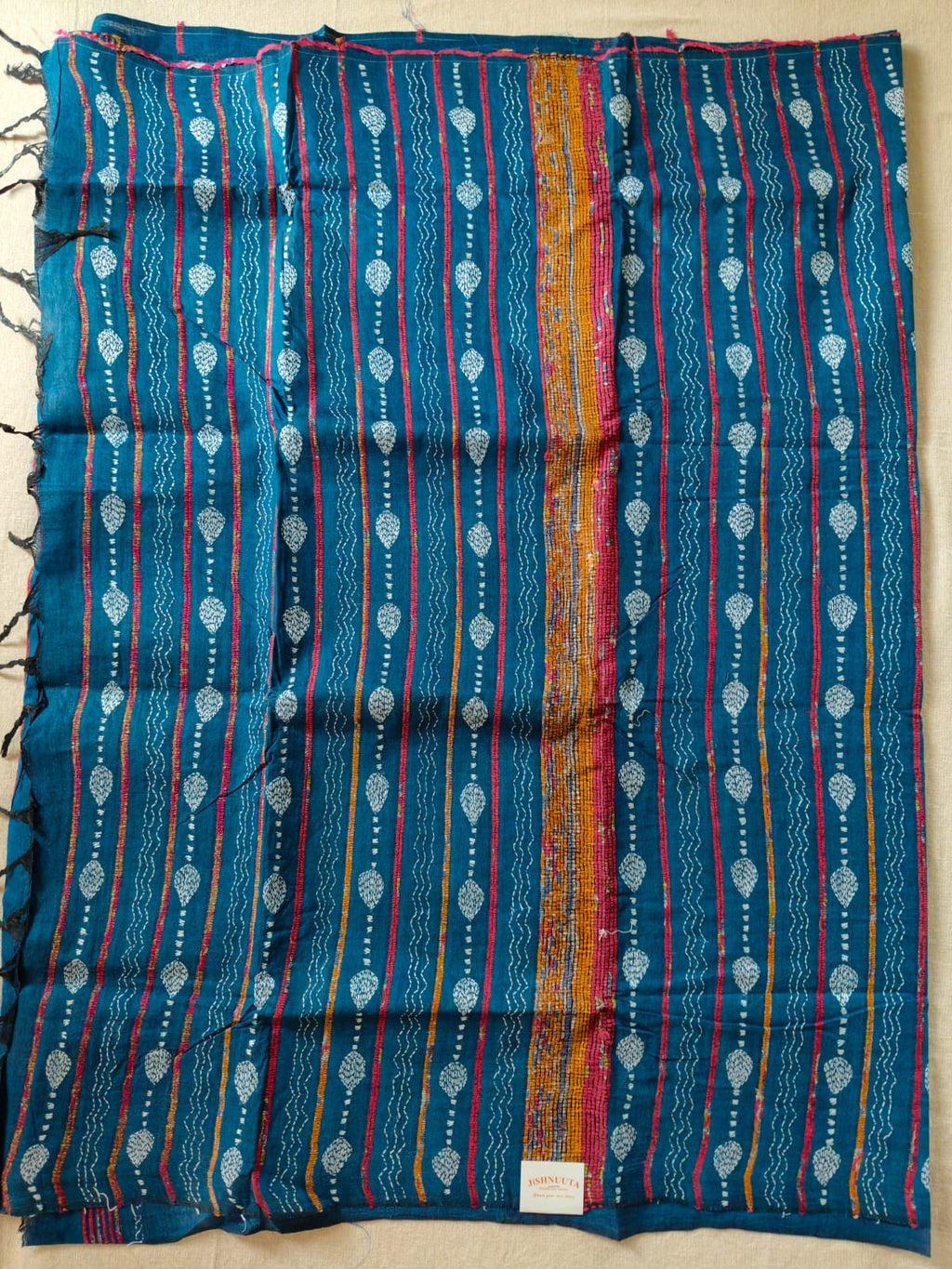 Pure Cotton Khesh Kantha Saree – Teal Blue with Hand Kantha Embroidery