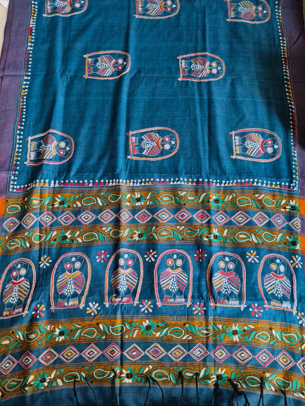 Pure Khadi Cotton Hand Kantha Saree – Deep Teal Blue with Owl Motifs & Hand Kantha Embroidery