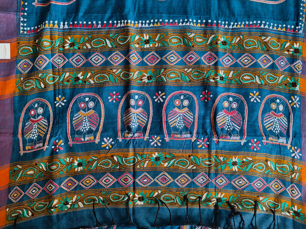 Pure Khadi Cotton Hand Kantha Saree – Deep Teal Blue with Owl Motifs & Hand Kantha Embroidery