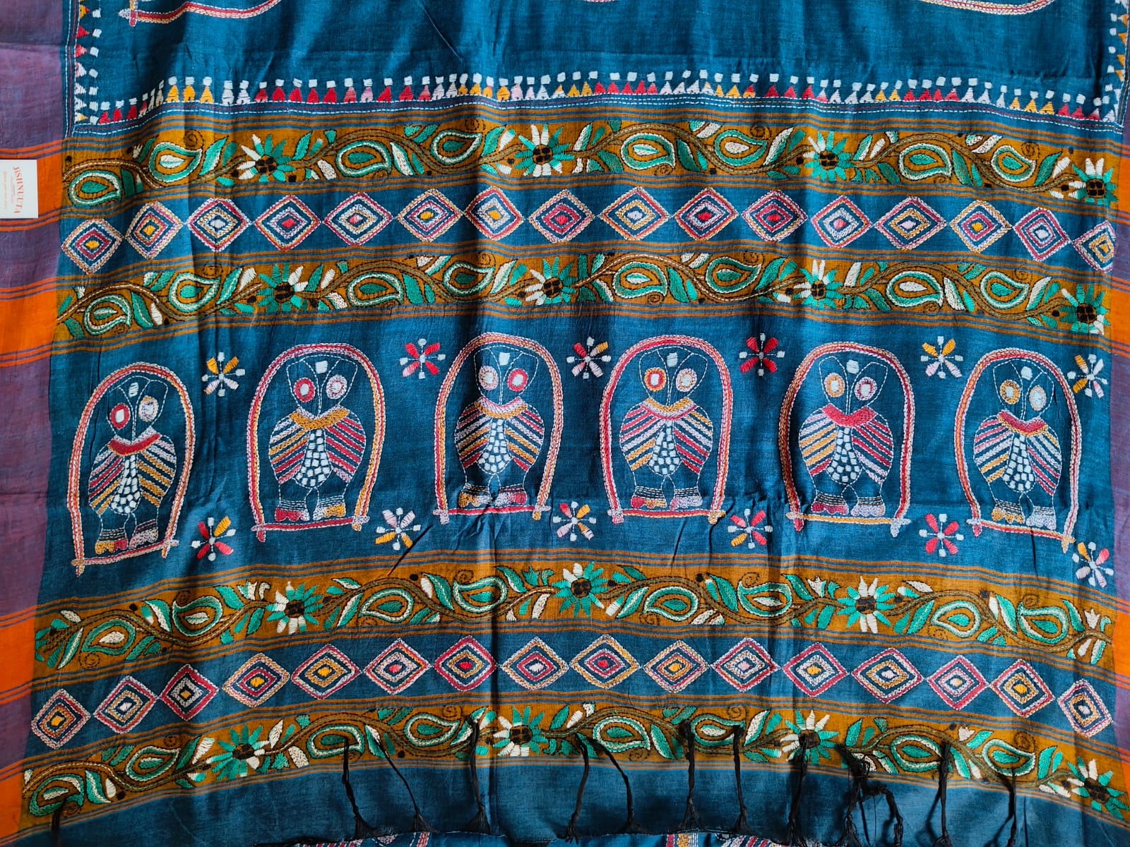 Pure Khadi Cotton Hand Kantha Saree – Deep Teal Blue with Owl Motifs & Hand Kantha Embroidery