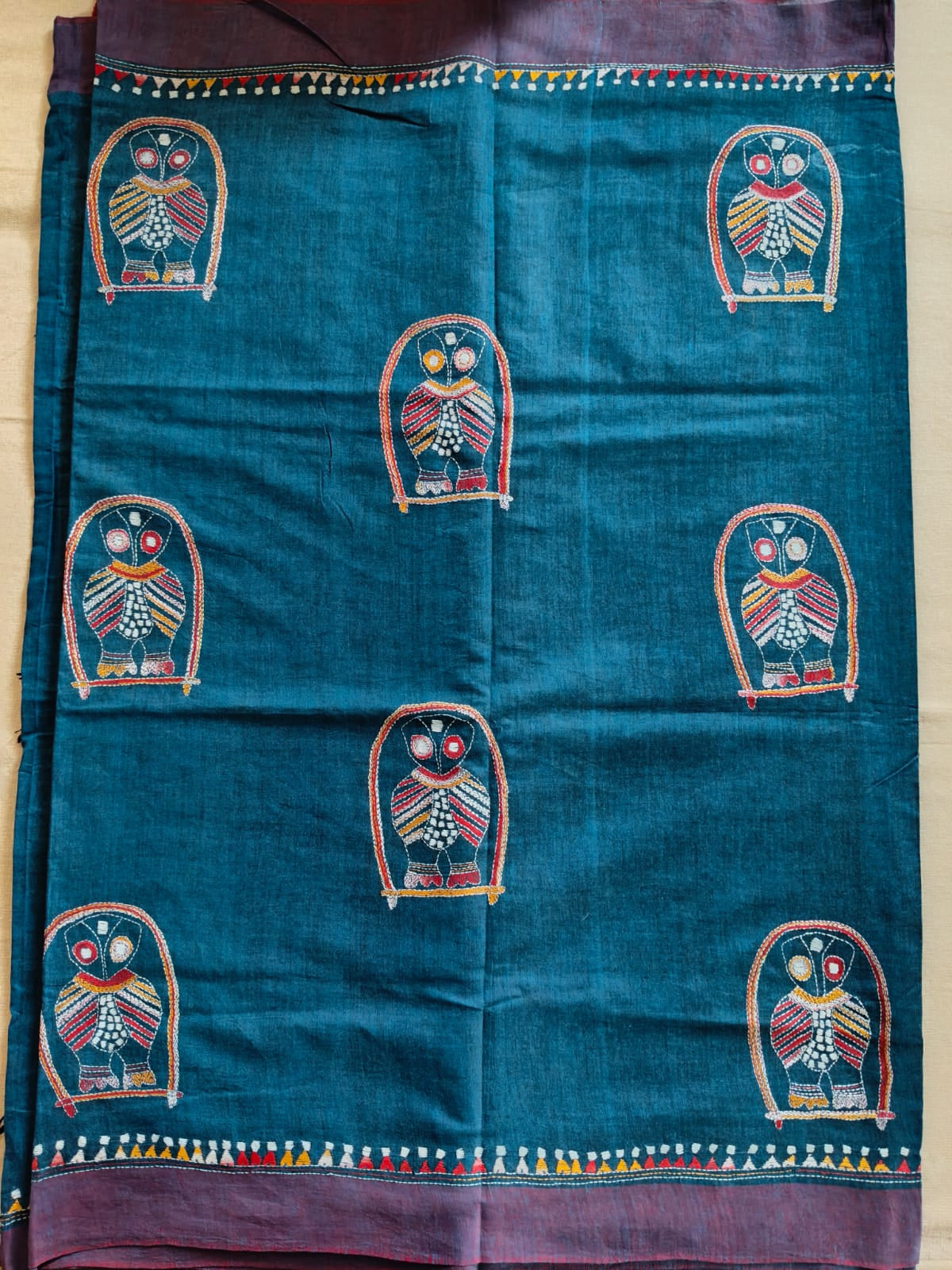 Pure Khadi Cotton Hand Kantha Saree – Deep Teal Blue with Owl Motifs & Hand Kantha Embroidery