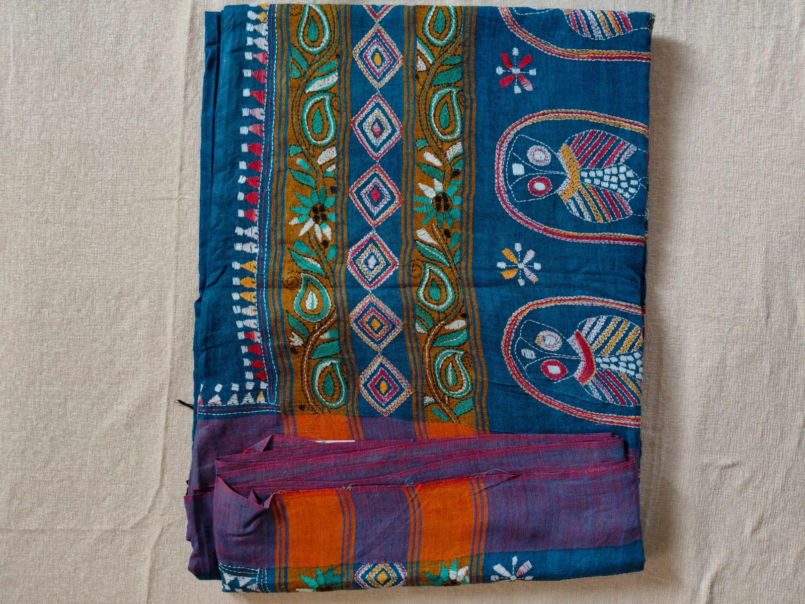 Pure Khadi Cotton Hand Kantha Saree – Deep Teal Blue with Owl Motifs & Hand Kantha Embroidery