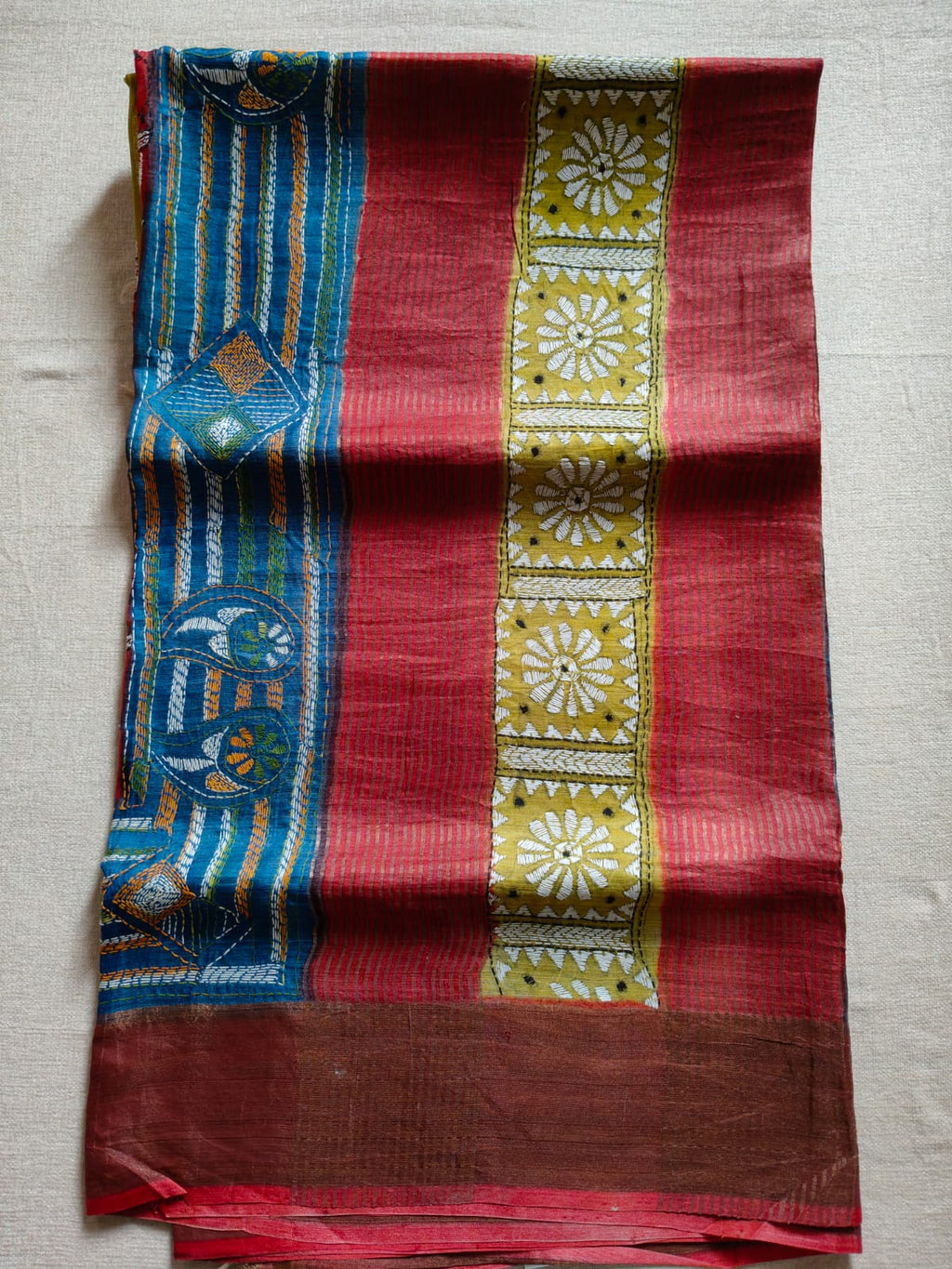 Pure Desi Tussar Silk Kantha Dye Saree – Mustard Yellow