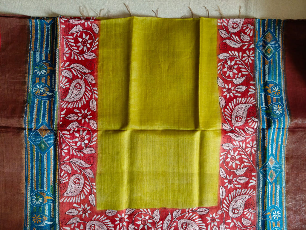 Pure Desi Tussar Silk Kantha Dye Saree – Mustard Yellow