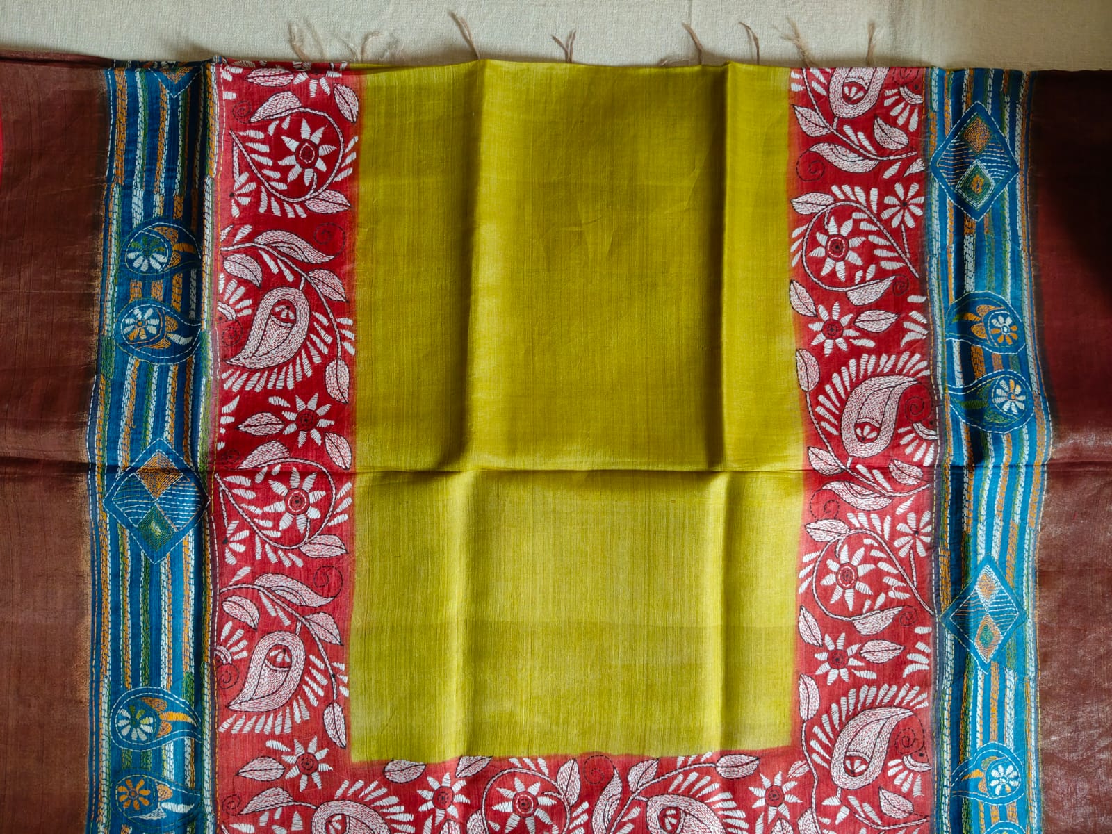 Pure Desi Tussar Silk Kantha Dye Saree – Mustard Yellow