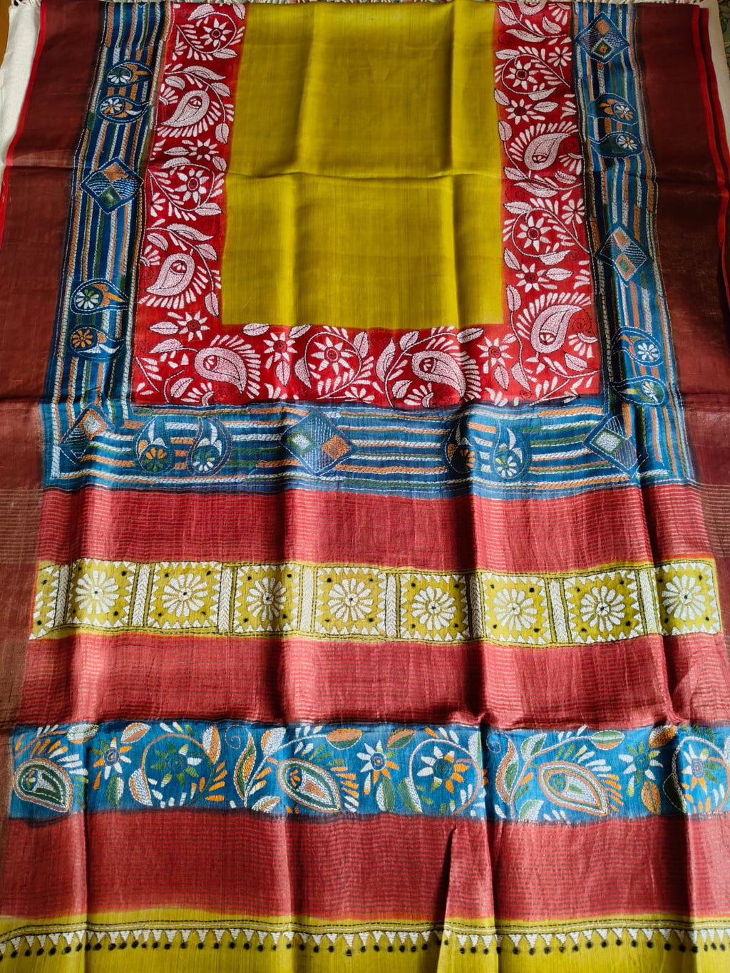 Pure Desi Tussar Silk Kantha Dye Saree – Mustard Yellow
