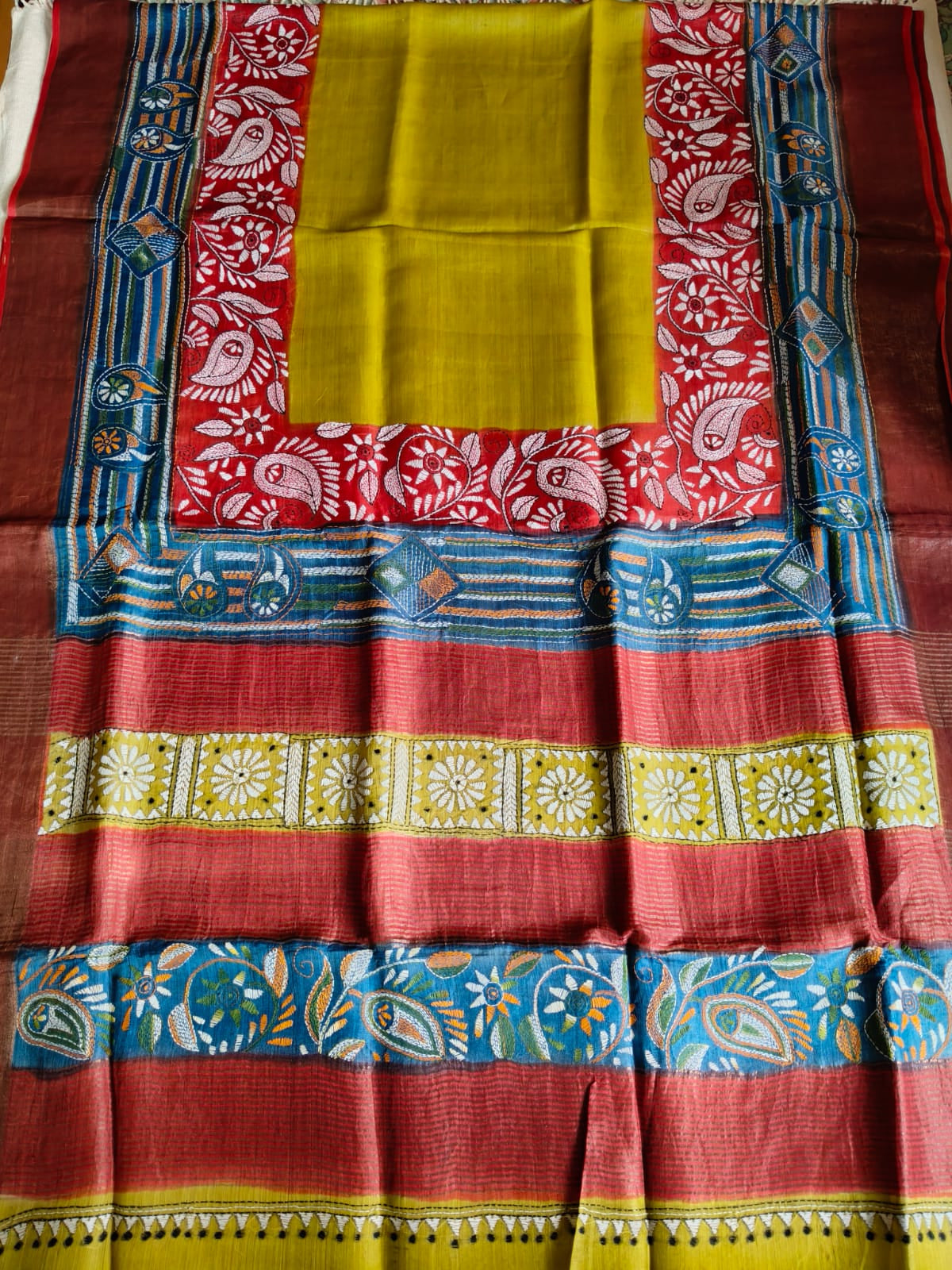 Pure Desi Tussar Silk Kantha Dye Saree – Mustard Yellow