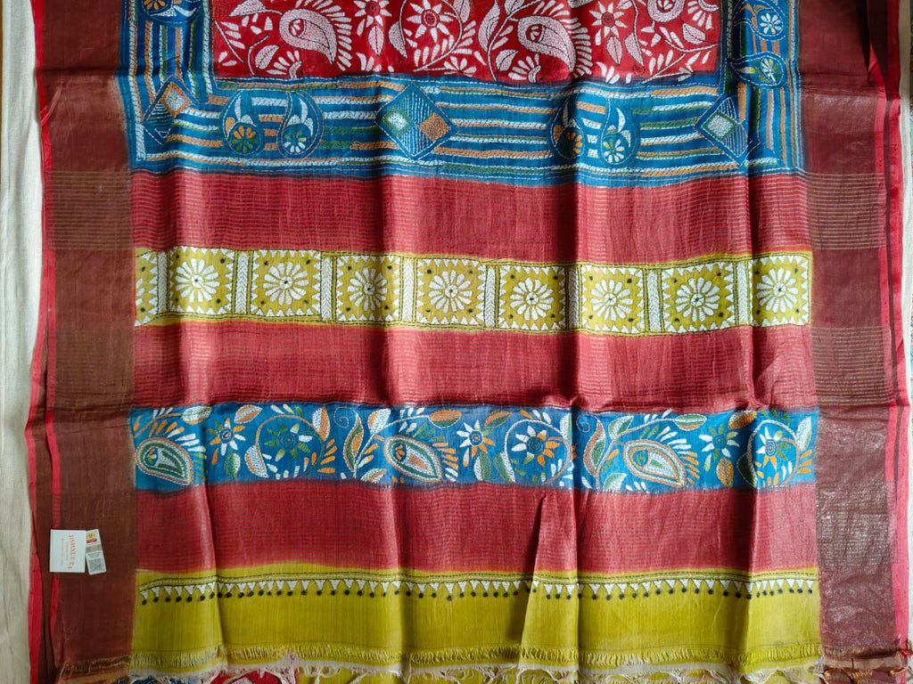 Pure Desi Tussar Silk Kantha Dye Saree – Mustard Yellow