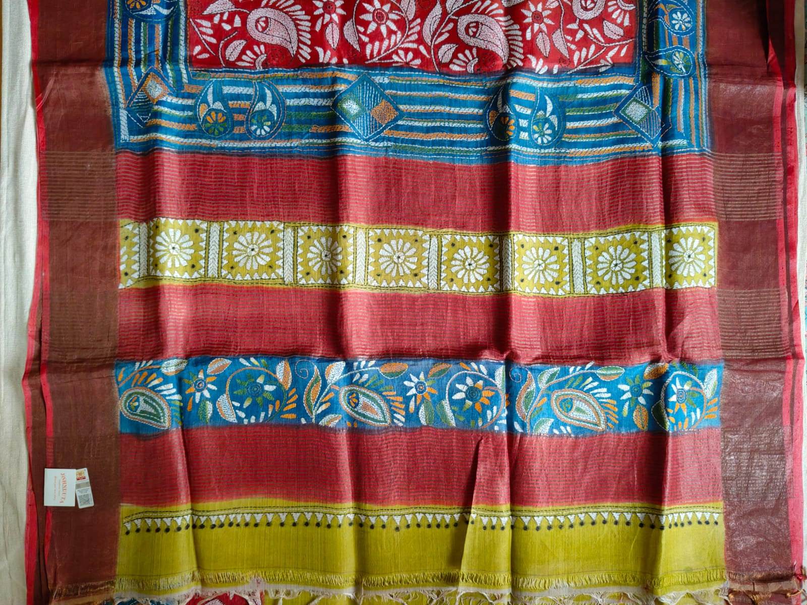 Pure Desi Tussar Silk Kantha Dye Saree – Mustard Yellow