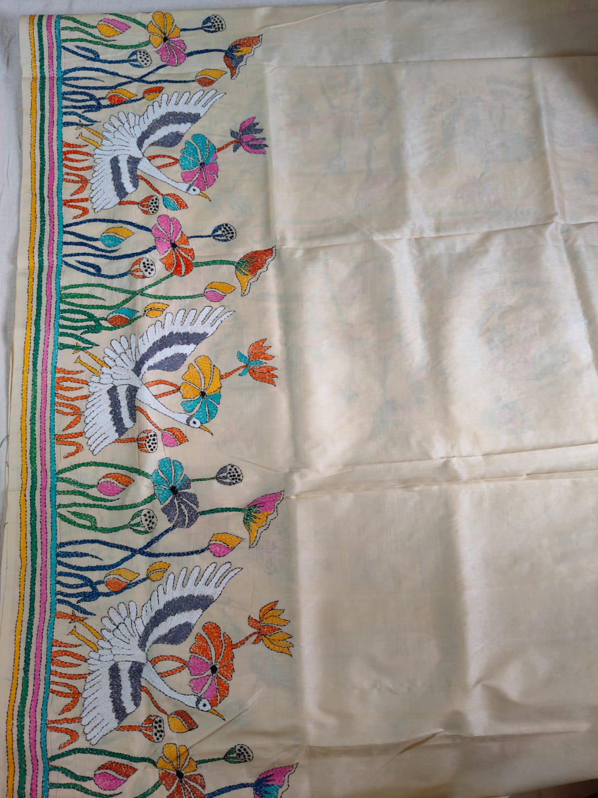 Pure Desi Tussar Silk Hand Kantha Saree – Natural Ivory with Multicolour Kantha Embroidery