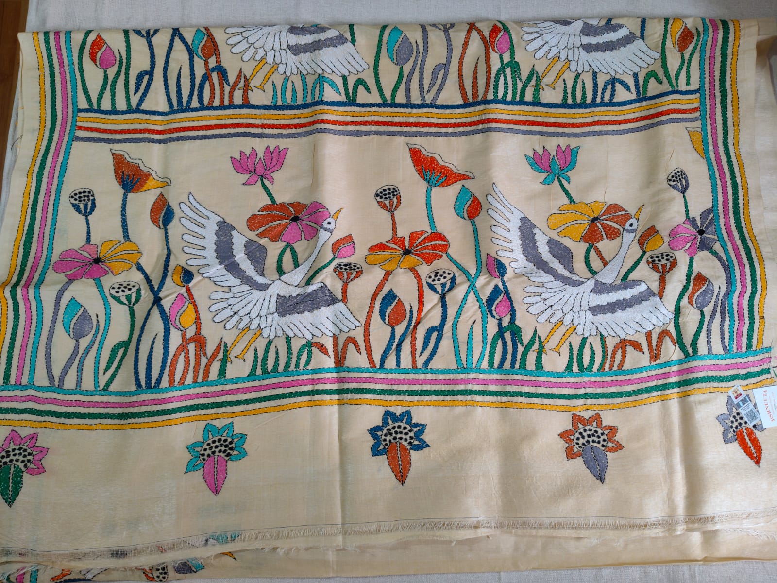 Pure Desi Tussar Silk Hand Kantha Saree – Natural Ivory with Multicolour Kantha Embroidery