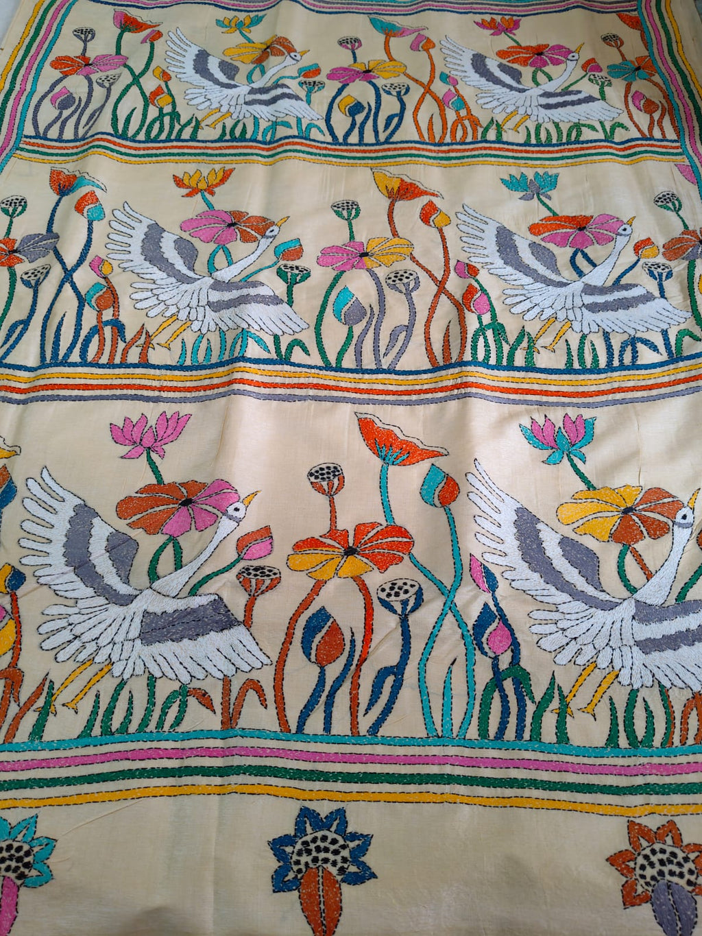 Pure Desi Tussar Silk Hand Kantha Saree – Natural Ivory with Multicolour Kantha Embroidery