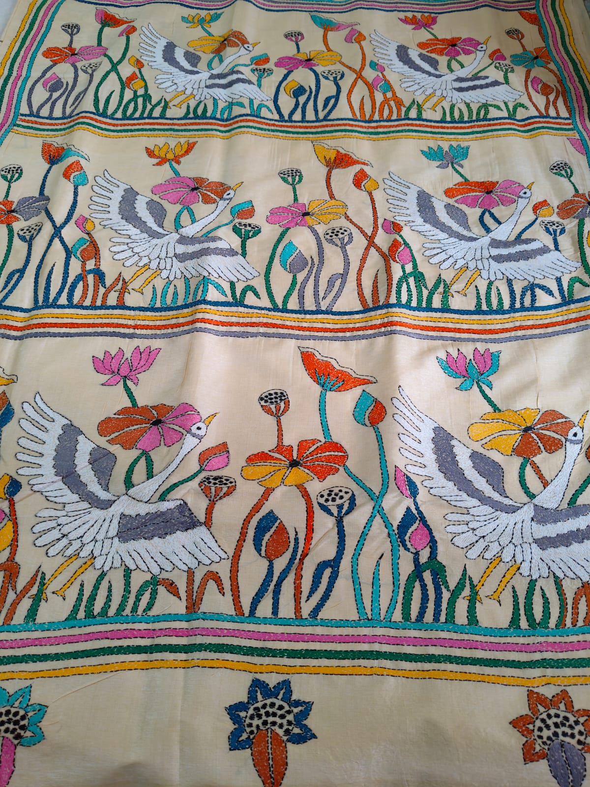 Pure Desi Tussar Silk Hand Kantha Saree – Natural Ivory with Multicolour Kantha Embroidery