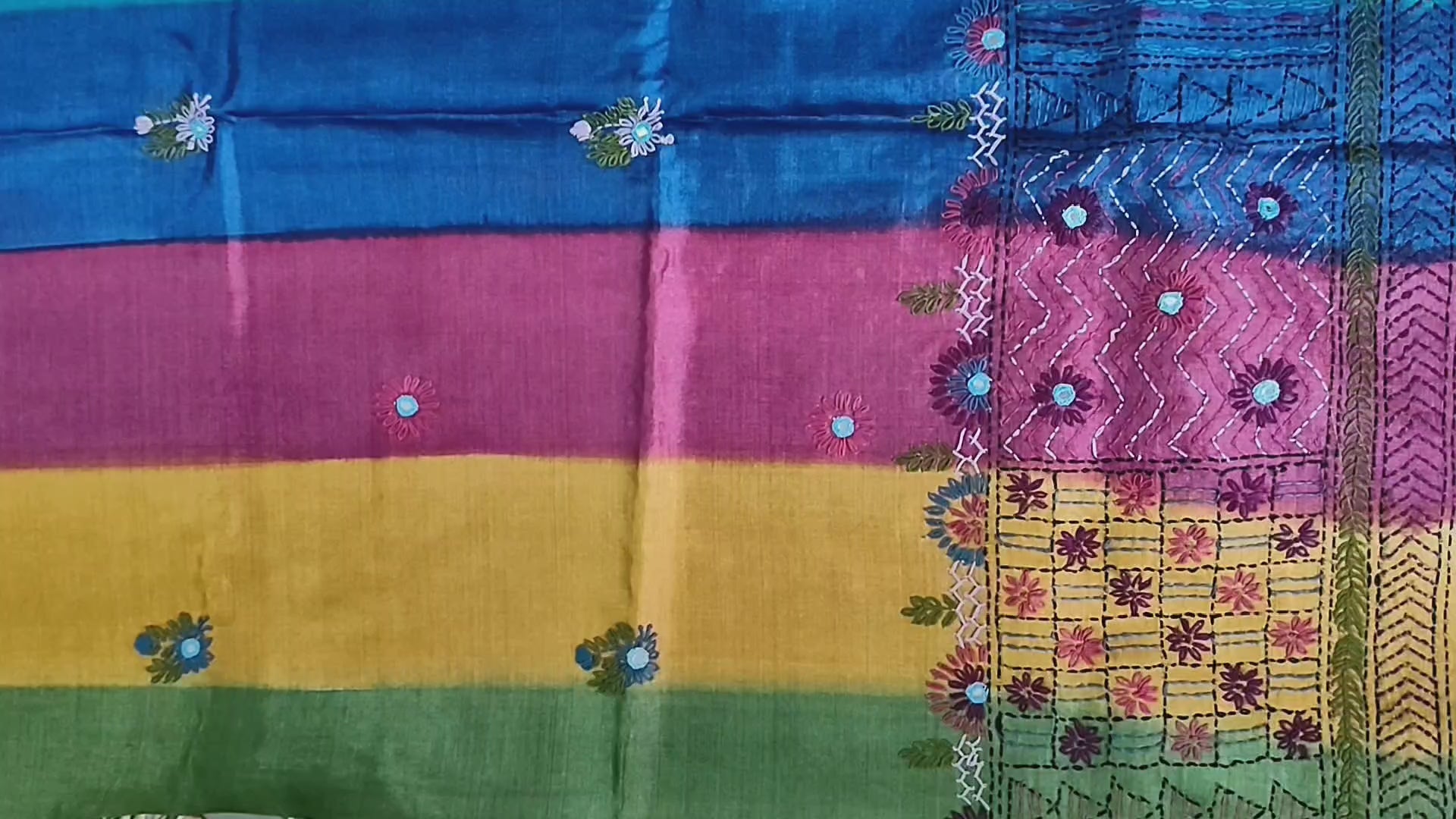 Pure Gachi by Gachi Tussar Silk Saree with Authentic Lambani Hand Embroidery - Royal Blue, Emerald Green, Mustard Yellow &amp; Magenta Multicolour Stripes