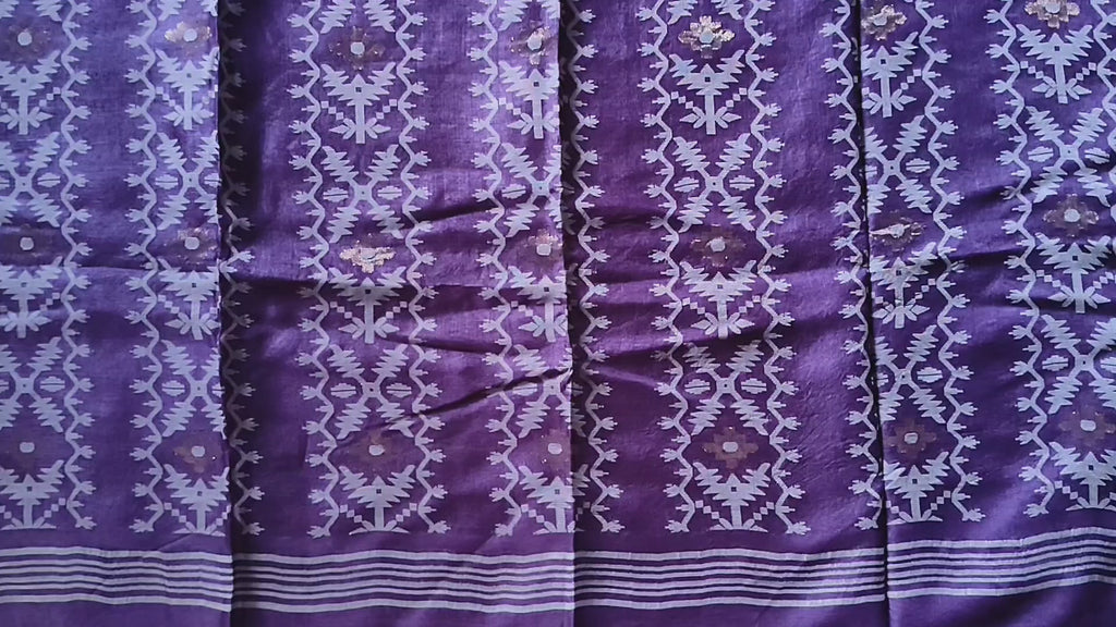 Pure Tussar Jamdani Silk Saree – Royal Purple Woven Designer Pallu