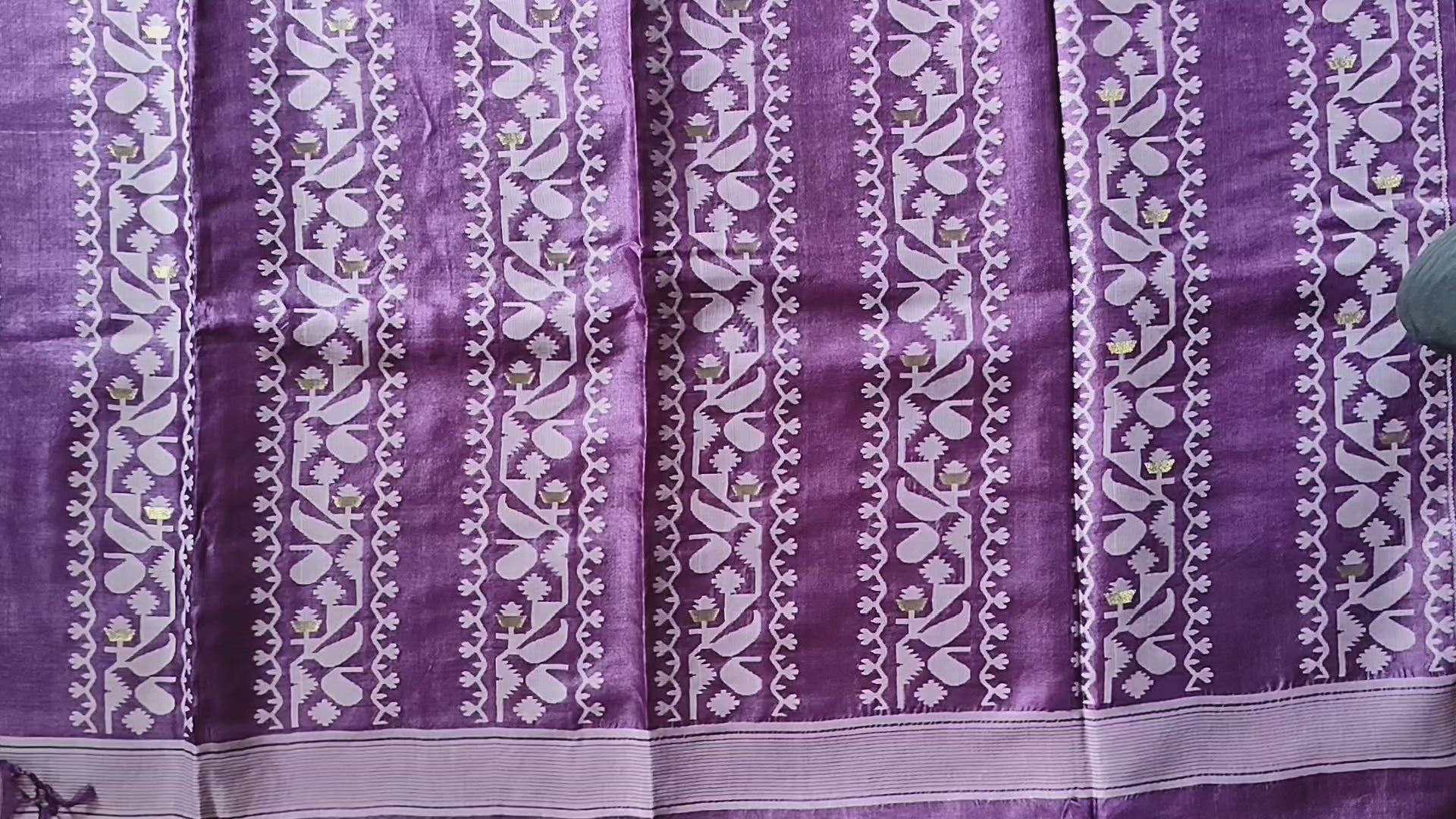 Tussar Jamdani Silk Saree (Tie & Dye) - Sunshine Yellow with Royal Purple Contrast