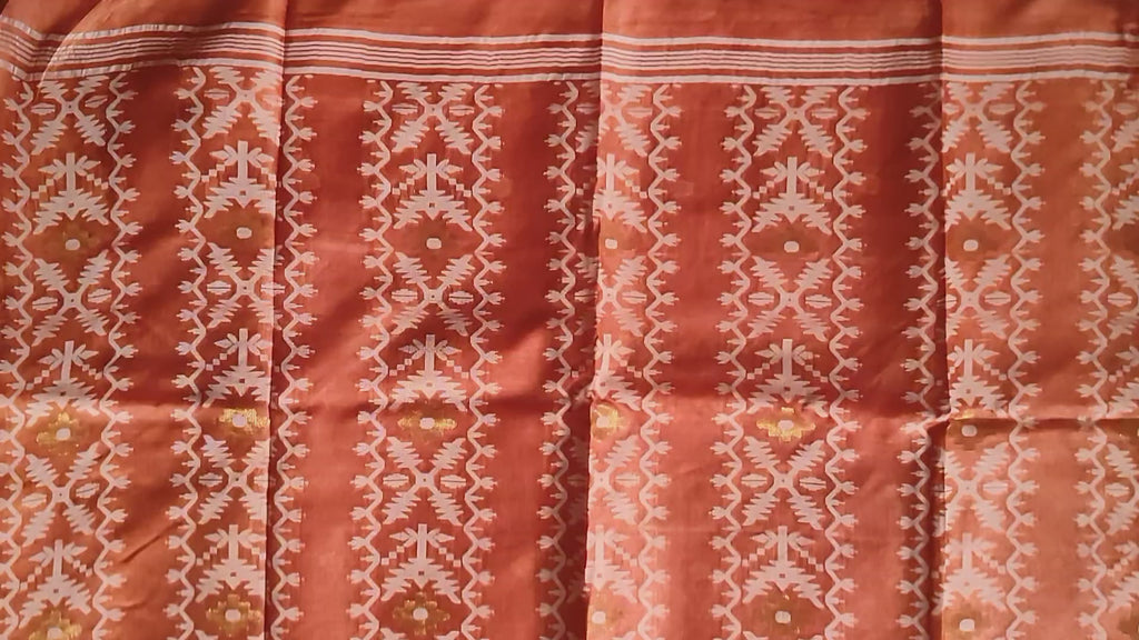 Pure Tussar Jamdani Silk Saree – Vermilion Orange