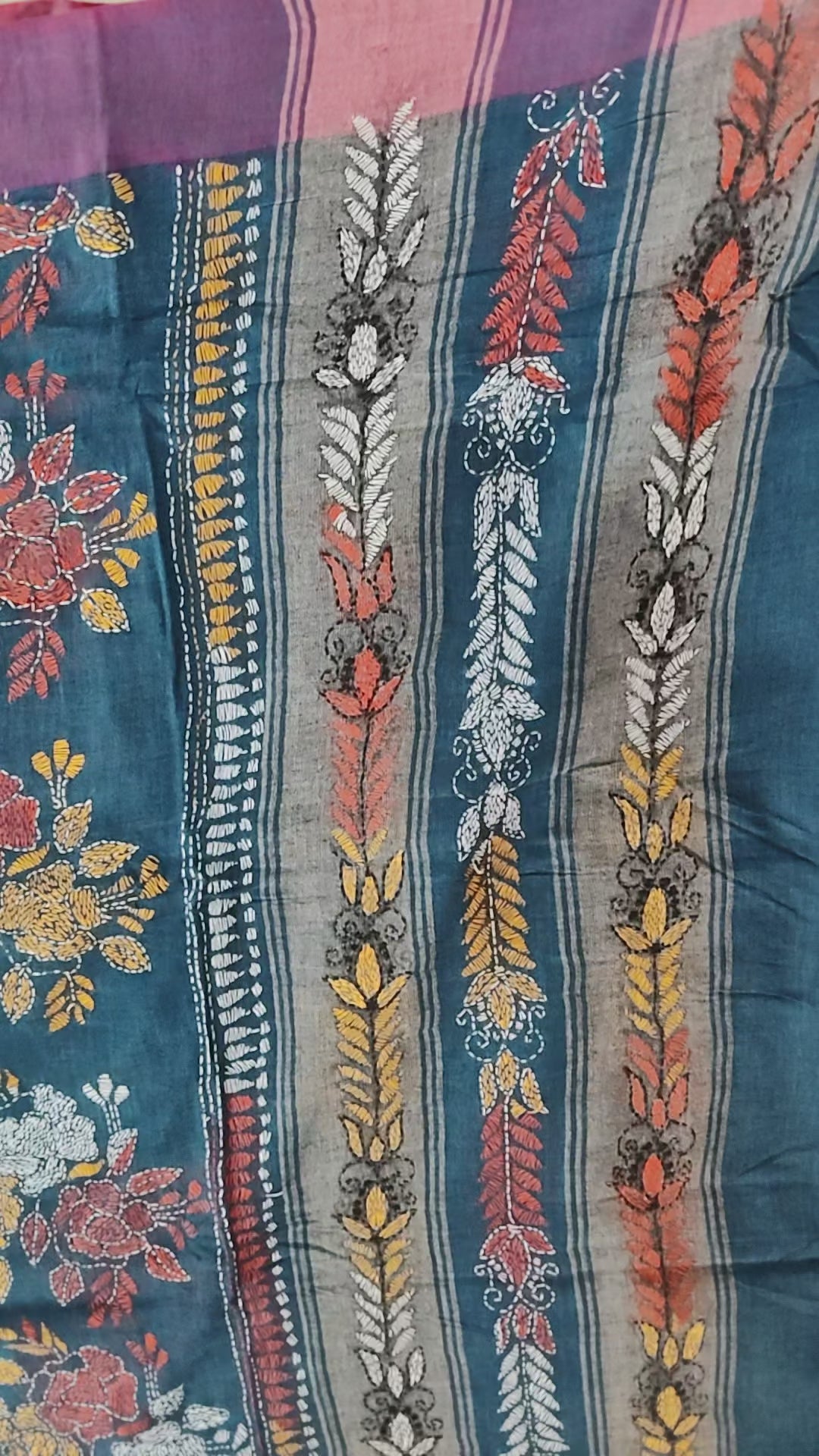 Handwoven Khadi Cotton Saree with Floral Kantha-Inspired Motifs