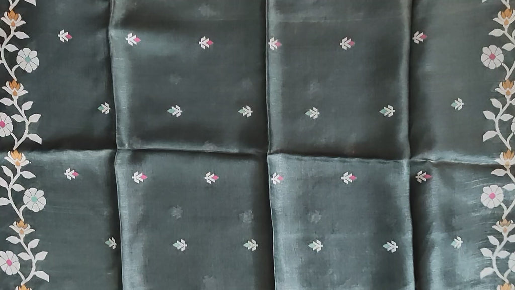 Pure Tussar Jamdani Silk Saree – Forest Green