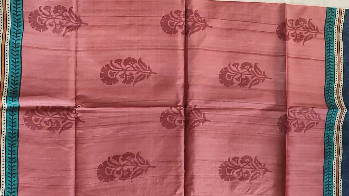 Coral & Teal Digital Print Tussar Silk Saree