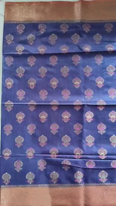 Pure Muga Tussar Silk Saree – Royal Blue with Antique Zari Floral Pallu