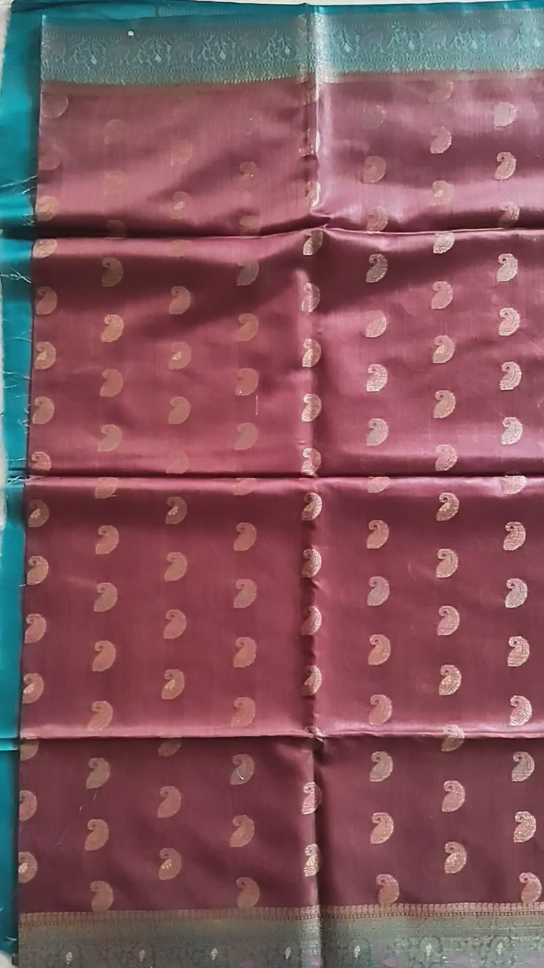 Pure Muga Tussar Silk Saree with Gold Paisley Butis & Teal Zari Pallu - Brown