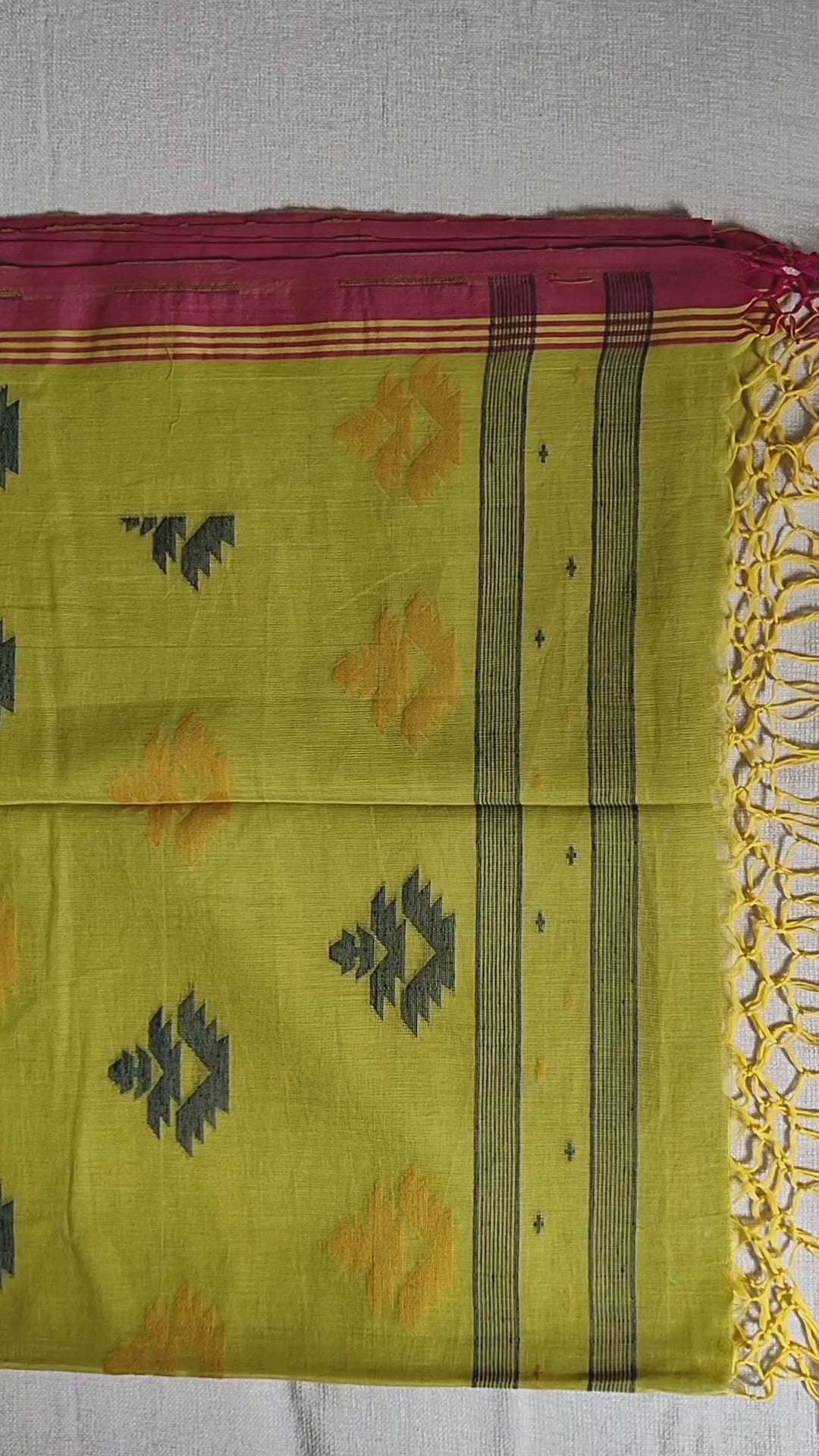 Cotton Khadi Saree - Lime Green with Magenta Pink Border
