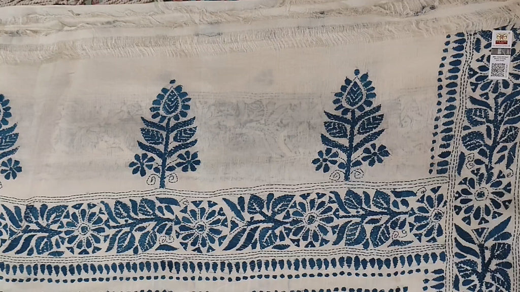 Pure Bengal Tussar Silk Kantha Booti Design Saree – Ivory White & Indigo Blue