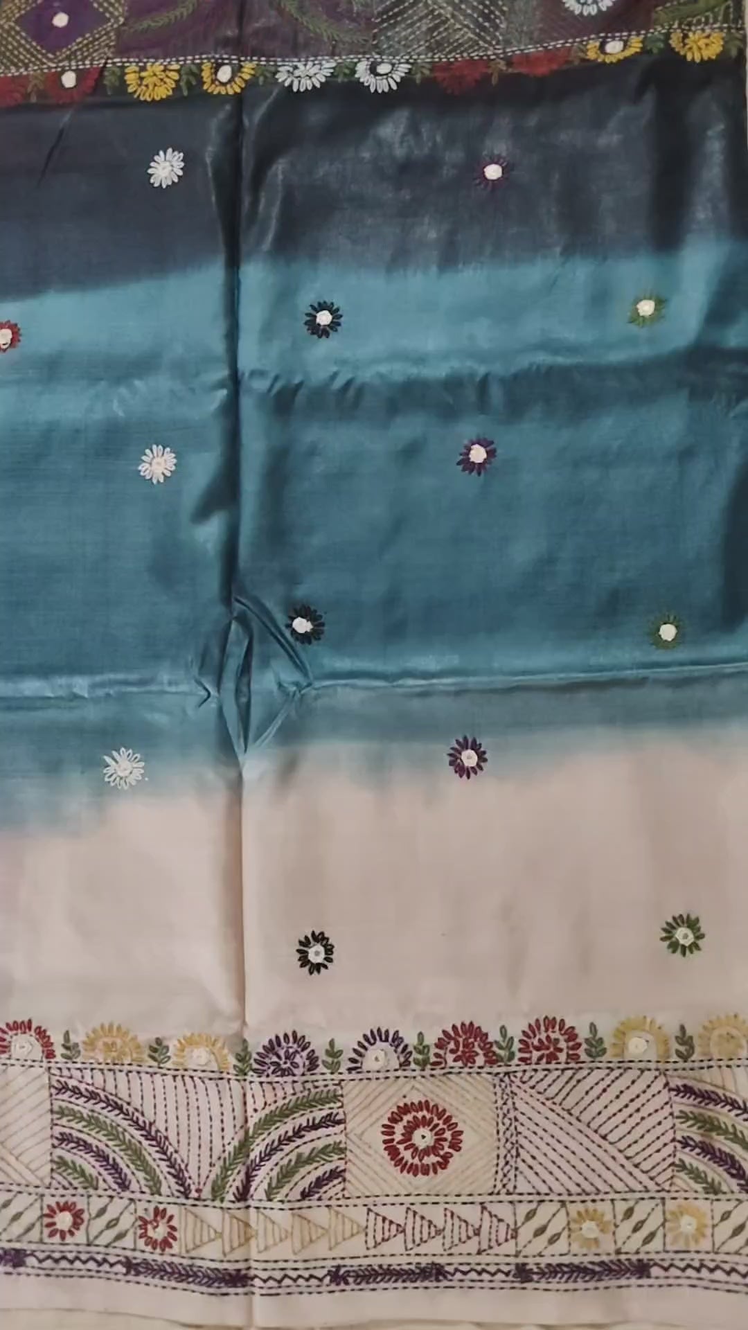 Pure Gachi by Gachi Tussar Silk Saree with Authentic Lambani Hand Embroidery - Ivory, Teal Blue &amp; Charcoal Ombre with Crimson Red Border