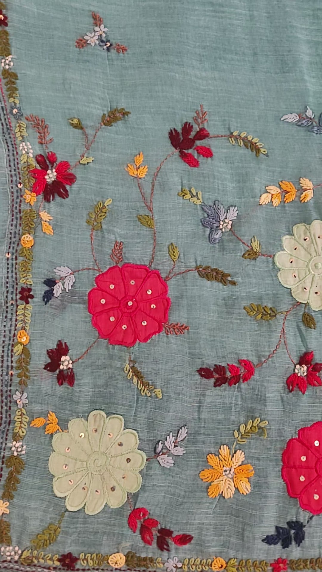 Dusty Blue Linen-Cotton Saree with Hand Embroidery