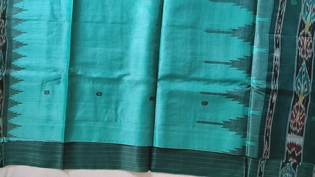 Tussar Silk Saree with Kotki Weave - Aqua Turquoise with Deep Green Contrast