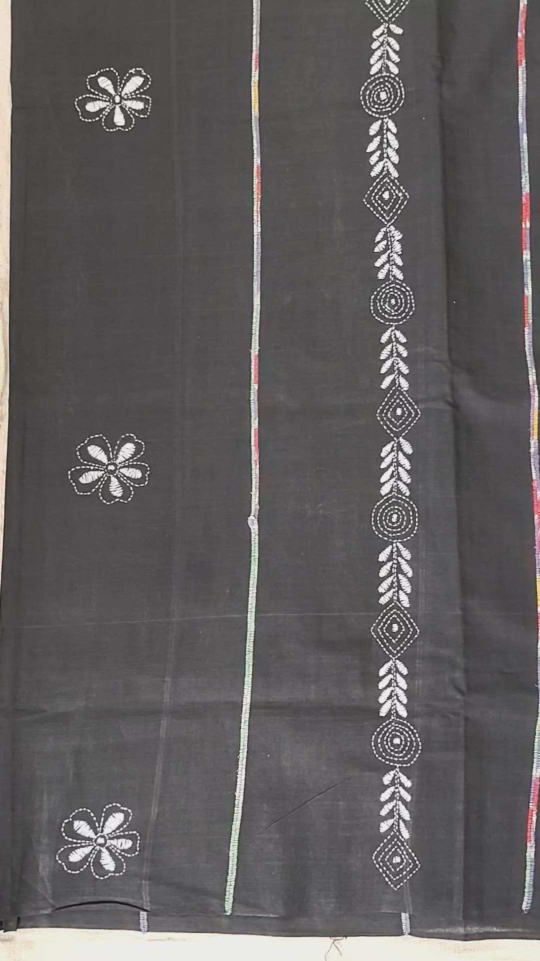 Pure Khadi Khesh Saree with Hand Kantha Embroidery – Black