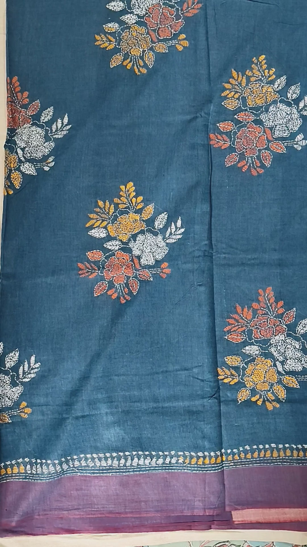 Handwoven Khadi Cotton Saree with Floral Kantha-Inspired Motifs