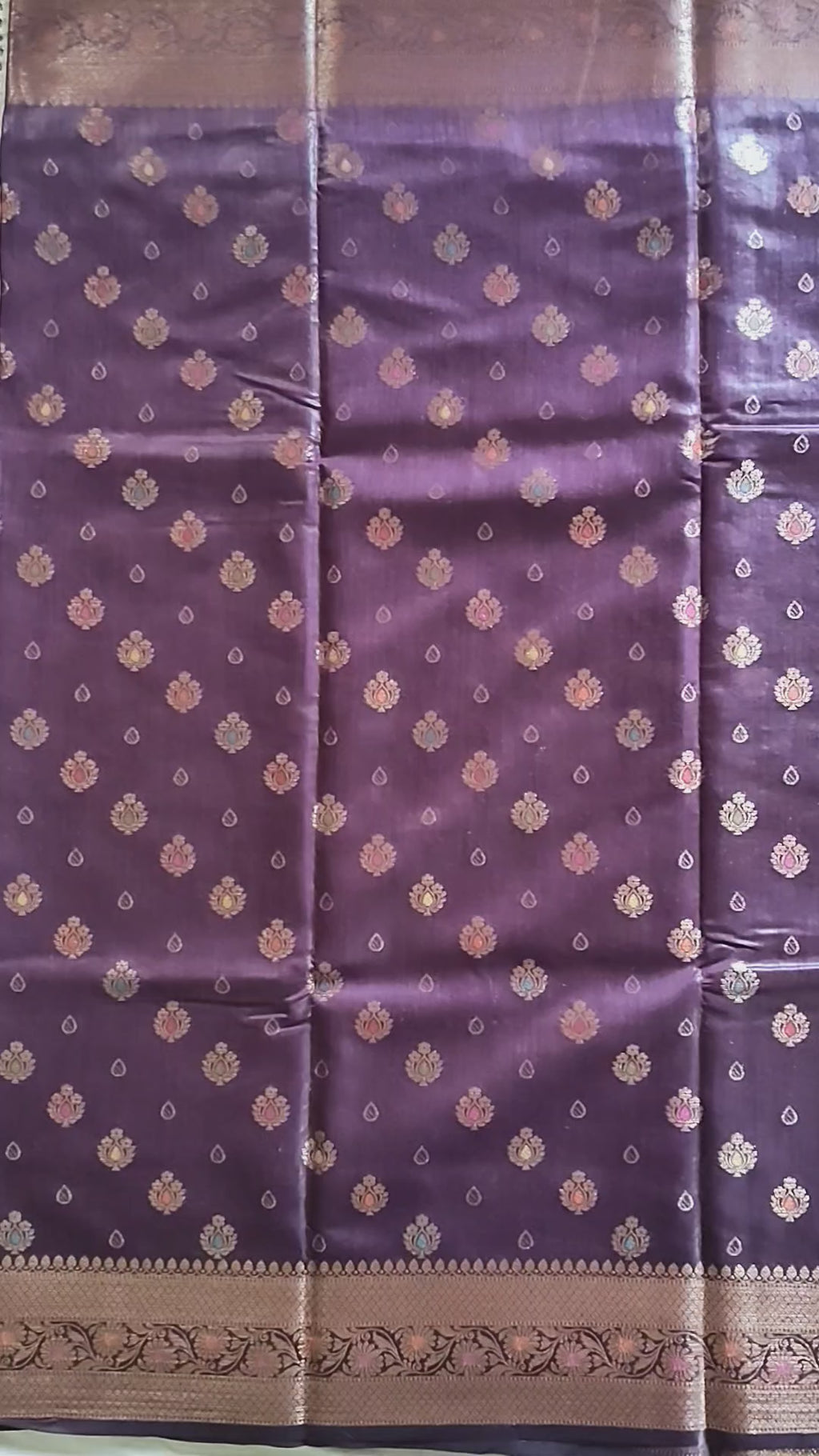 Pure Muga Tussar Silk Saree with Multicolour Zari Butis & Grand Paisley Pallu - Purple