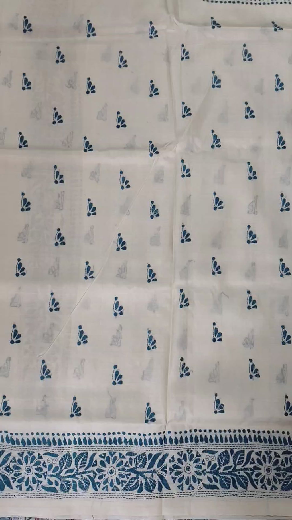Pure Bengal Tussar Silk Kantha Booti Design Saree – Ivory White & Indigo Blue