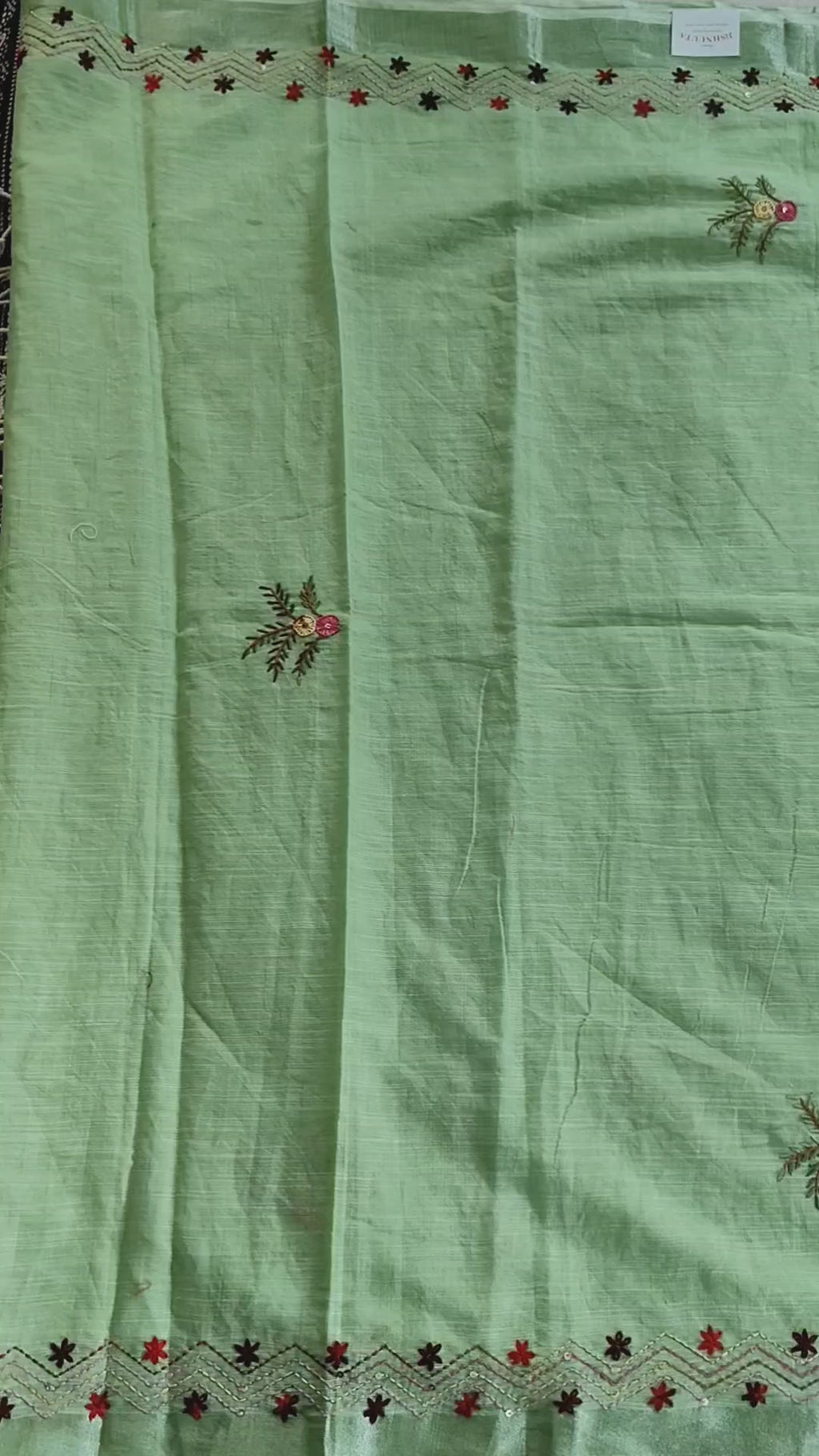 Leaf Green Linen-Cotton Saree with Hand Embroidery