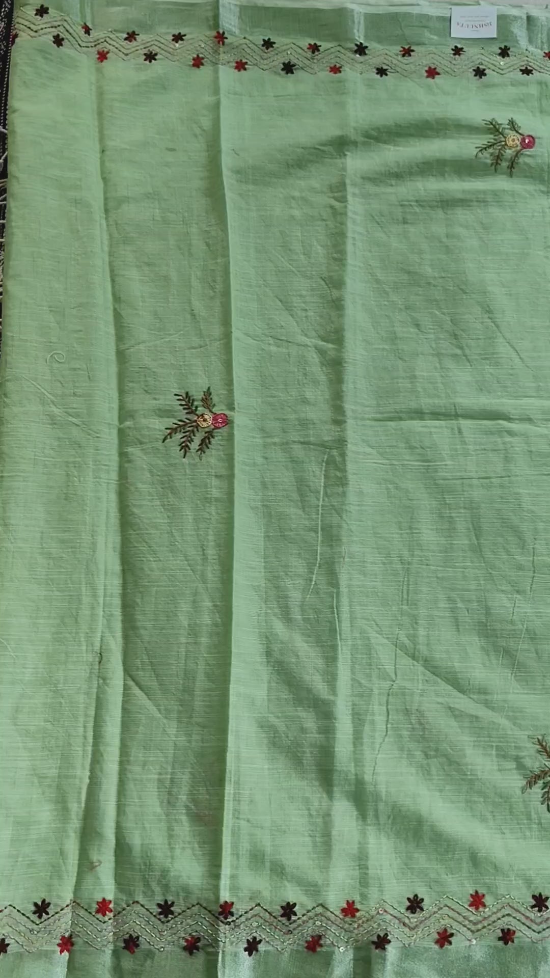 Leaf Green Linen-Cotton Saree with Hand Embroidery